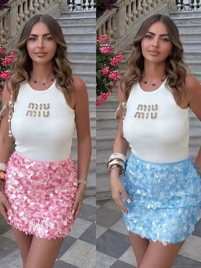 Jupe courte taille haute élégante et brillante à sequins pour femme – Idéale pour le bureau et les soirées romantiques