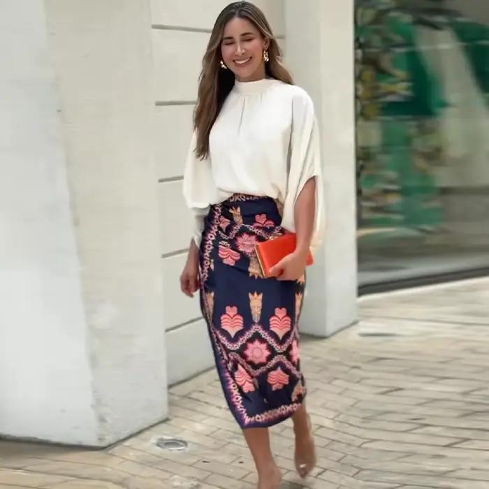 Femmes jupe ensemble deux pièces ensembles robe mince ensembles moulante imprimé fleuri manches longues col rond élégant épissure hauts jupes longues Sexy