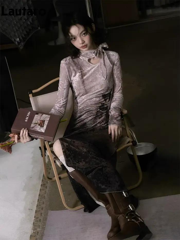 Lautaro printemps longue colorée soirée robes mi-longues femme avec fente haute élégant luxe dégradé imprimé fleuri Vlevet robe 2025