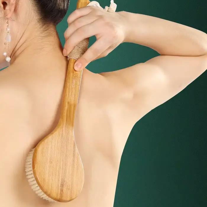 Brosse pour le dos à long manche pour exfolier la peau avec des poils – Brosse pour le corps du dos en bois pour le brossage et l'épurateur sec pour la douche