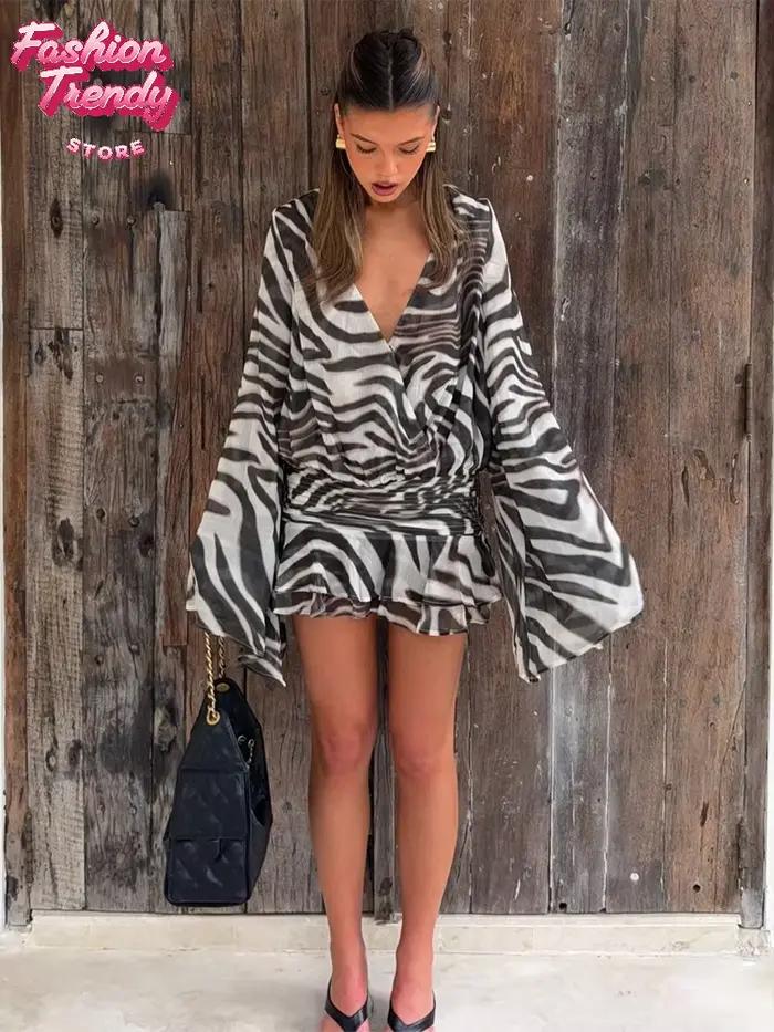 Robes Chic Femme Imprimé Zèbre Manches Longues Sexy Col V Profond Plis à la Taille Coupe Ample 2026