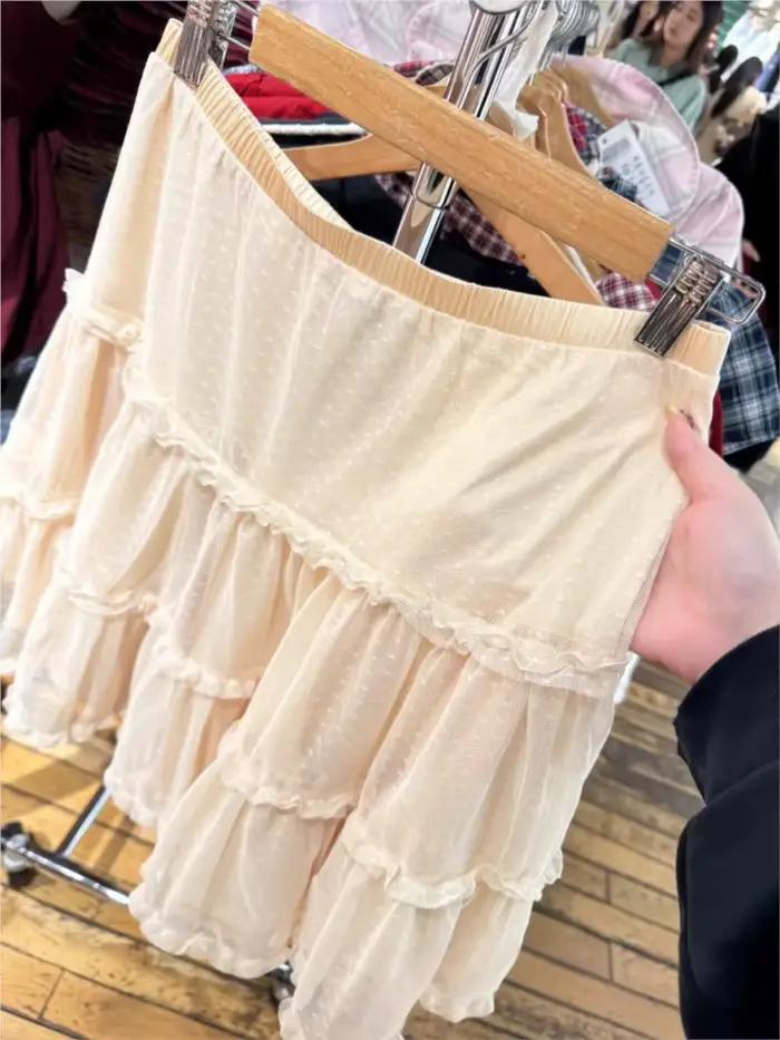 Jupes Jacquard en maille à pois longueur genou pour femme, taille élastique, volants, coupe trapèze, style preppy, jupe courte beige Y2K