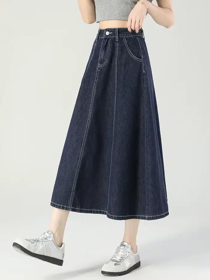 GUUZYUVIZ bleu profond taille haute Vintage a-ligne Denim Midi jupes femmes mode coréenne décontracté épissure lavage jean jupe femme
