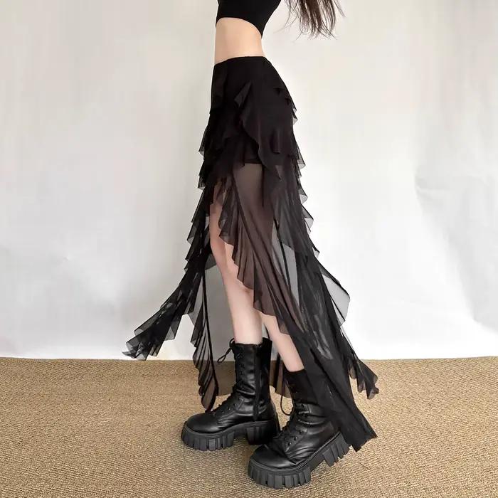 Jupe mi-longue décontractée style urbain cool avec franges taille basse pour femme