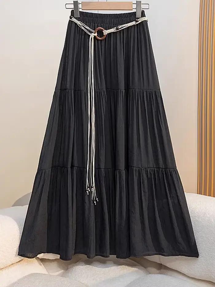 Jupe midi bohème en coton et lin pour l'été : jupe longue plissée fluide coupe trapèze avec effet amincissant et design dissimulant les hanches, idéale pour les vacances à la station balnéaire