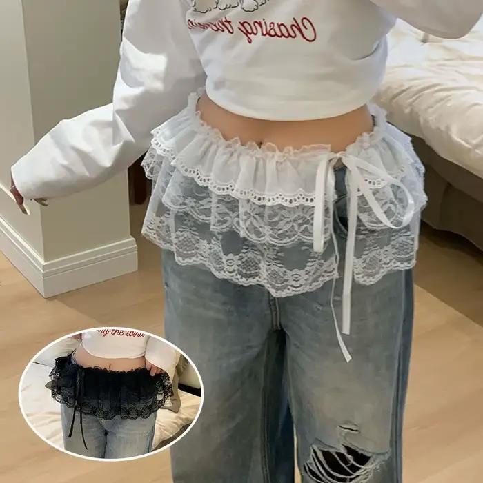 Jupe en gaze superposée en dentelle florale, Streetwear Y2k, à lacets, plissée, rideau de pet champignon, jupe portefeuille