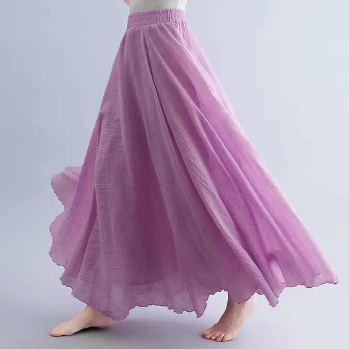 Jupe longue de plage en coton et lin pour femme style bohème vintage décontractée couleur unie ligne A taille haute longueur piste de danse maxi nouvelle collection printemps été
