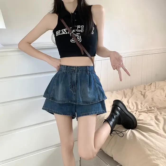 Jupe en jean rétro américaine taille haute pour femme