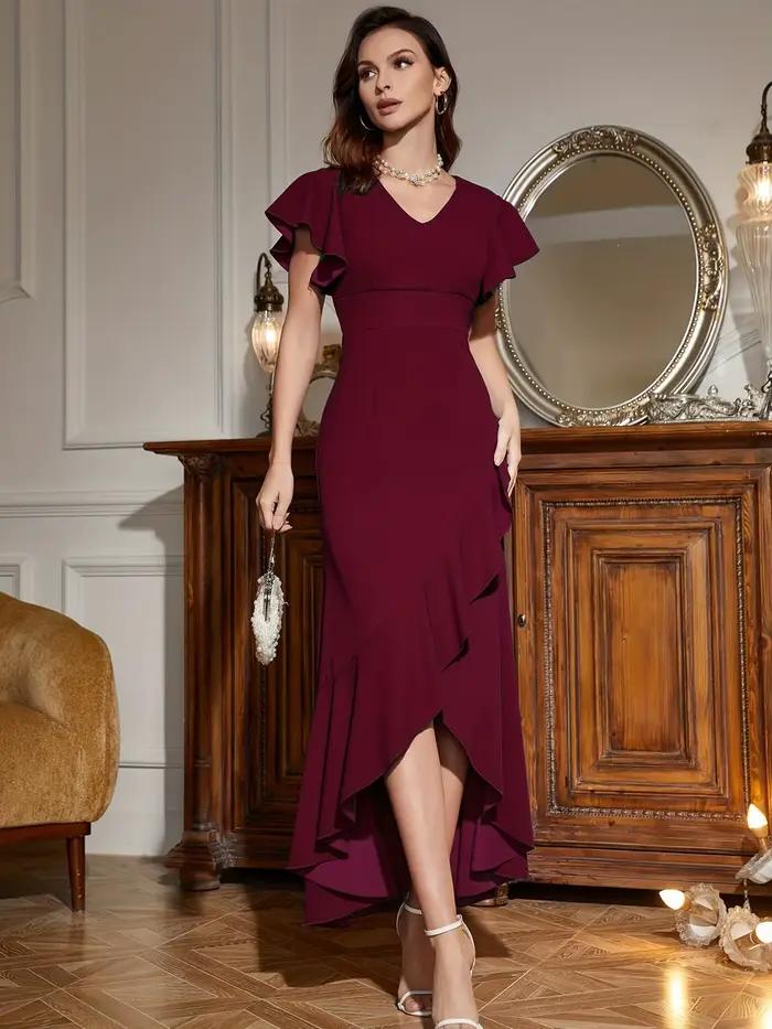 Robe à volants à col en V, robe élégante à manches courtes pour cocktail, vêtements pour femmes