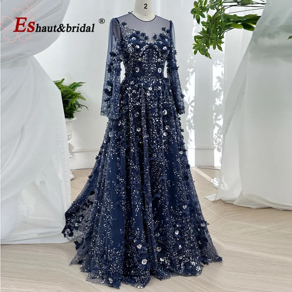 Robe de soirée élégante bleu marine coupe trapèze avec fleurs 3D 2026, manches longues de luxe, pour