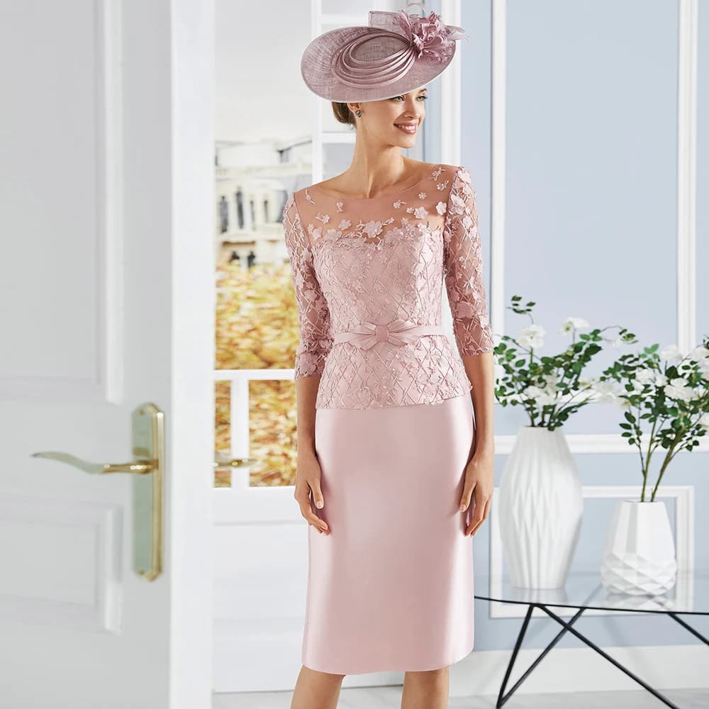Robe de Soirée Élégante pour Femme, Manches 3/4, Mère de la Mariée, Longueur Genou, Col Rond, Fleur