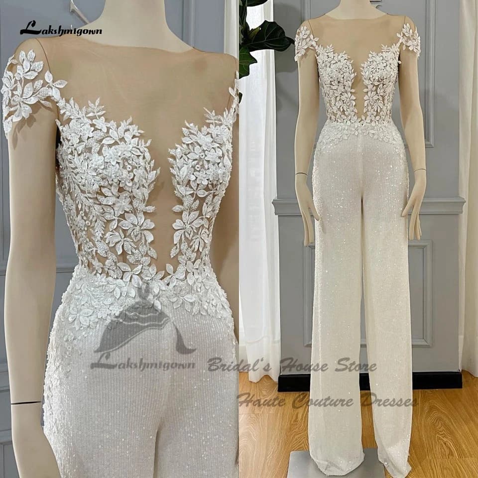 Yanshmigown-Combinaison perlée de luxe, robes de mariée de plage, dentelle, manches courtes, personn