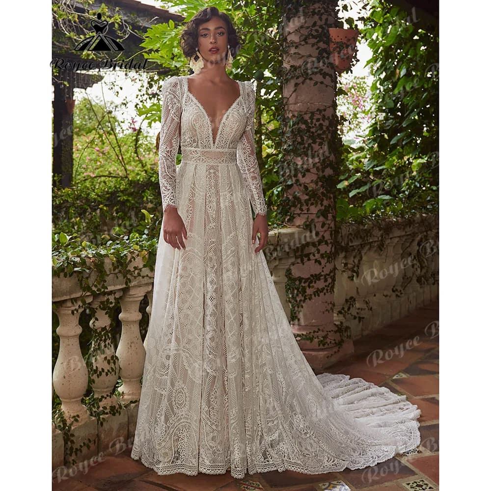 Robe de mariée en dentelle bohème à manches longues pour femmes, patients civils sexy, plage, BEmbed