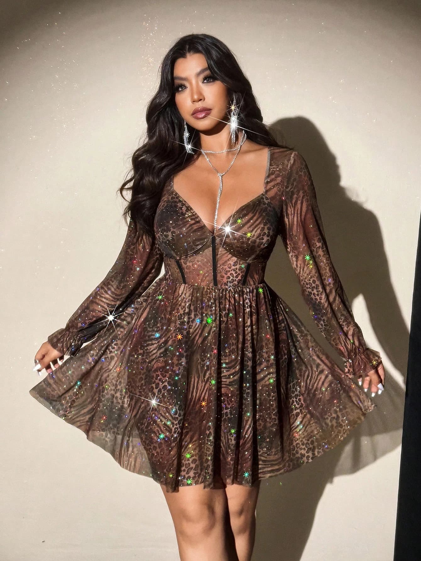 Mini robe de soirée à manches longues et col en V pour femme, grande taille, imprimé léopard, avec u