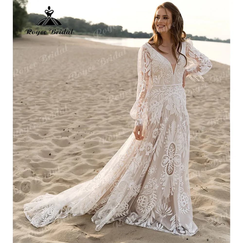 Robe de Mariée en Dentelle à Manches sulfpour Femme, Style Bohème, Hiphélicoptère, avec Glands Perso