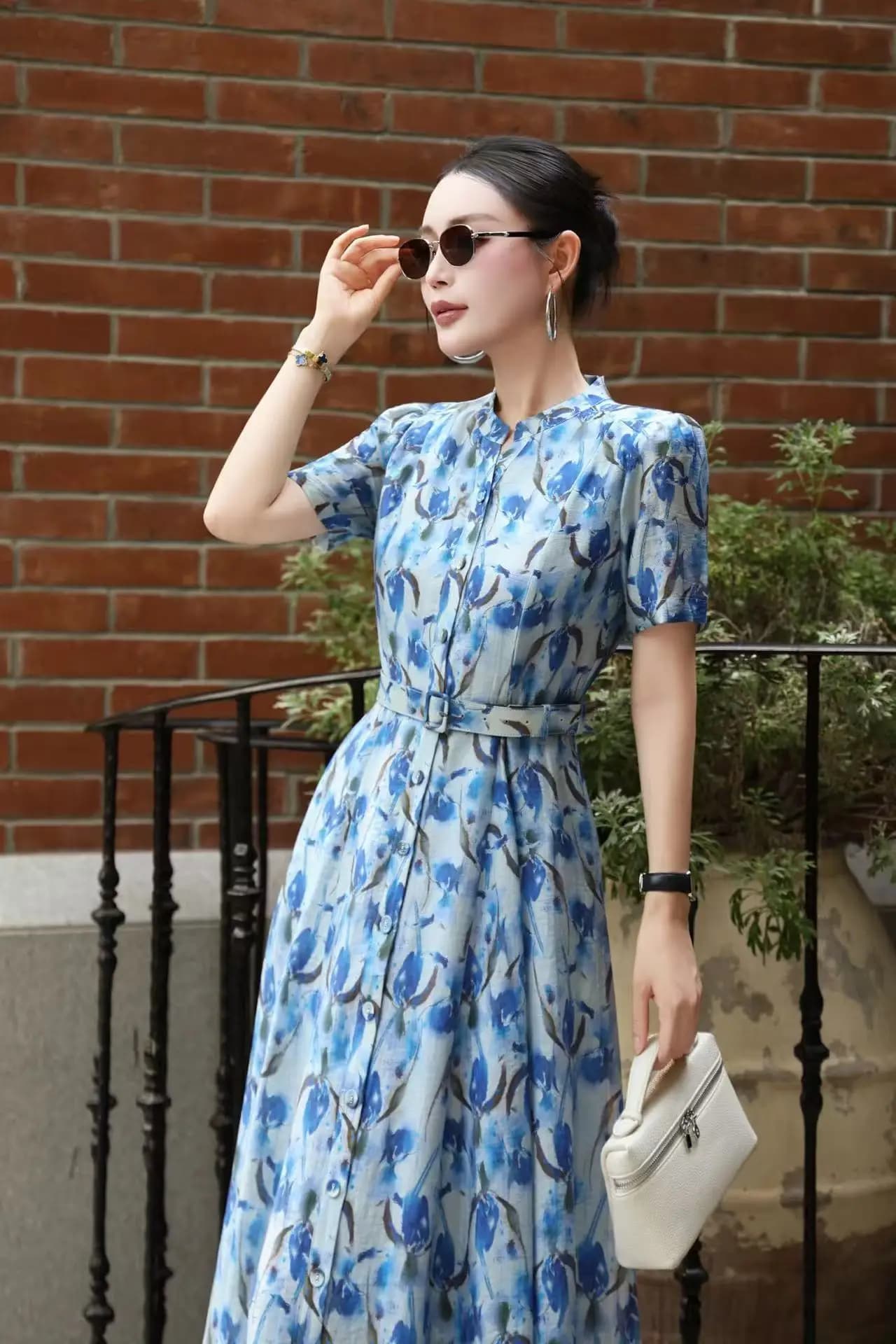 Robe longue imprimée en coton et lin de haute qualité, tendance, avec design cintré à la taille