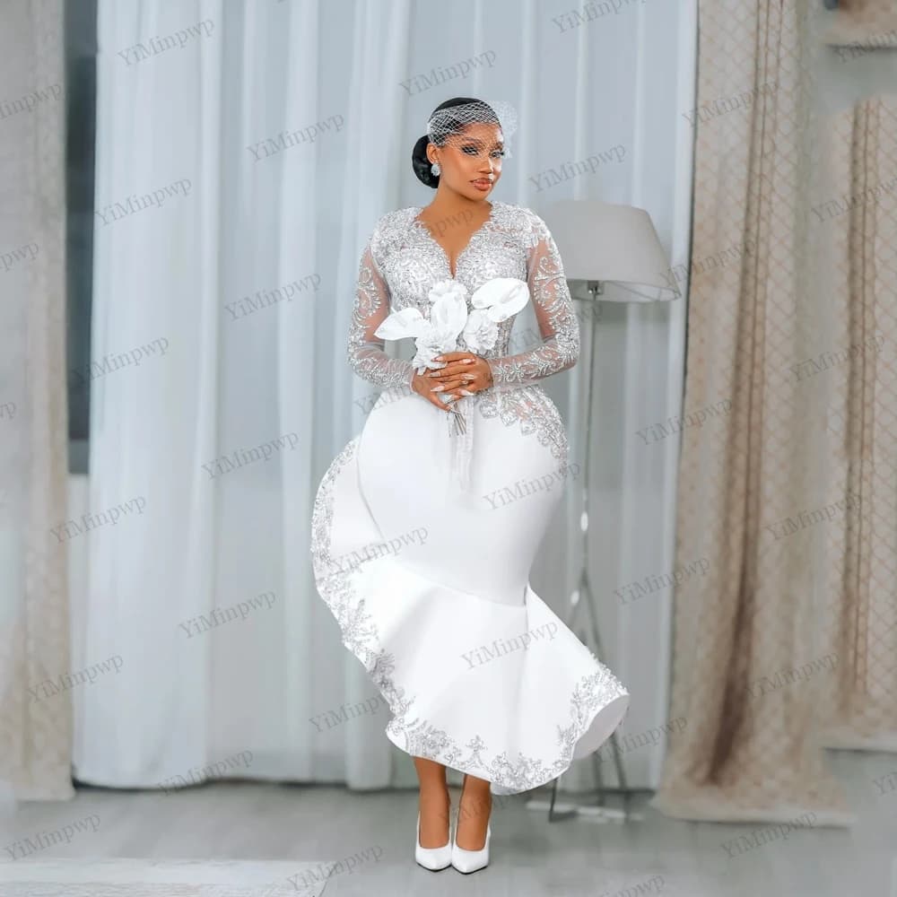 Robes de mariée sirène civiles 2026 pour femmes, manches longues, strass, longueur thé, Aso Ebi, rob