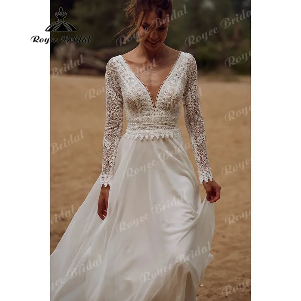 Robe de mariée bohème de plage à manches longues en dentelle, col en V, dos nu, pour femme, collecti