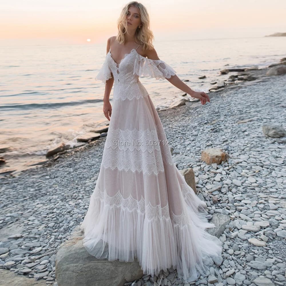 Robe de mariée bohémienne coupe trapèze, tenue de mariage séduisante, couleur chair Champagne, col e