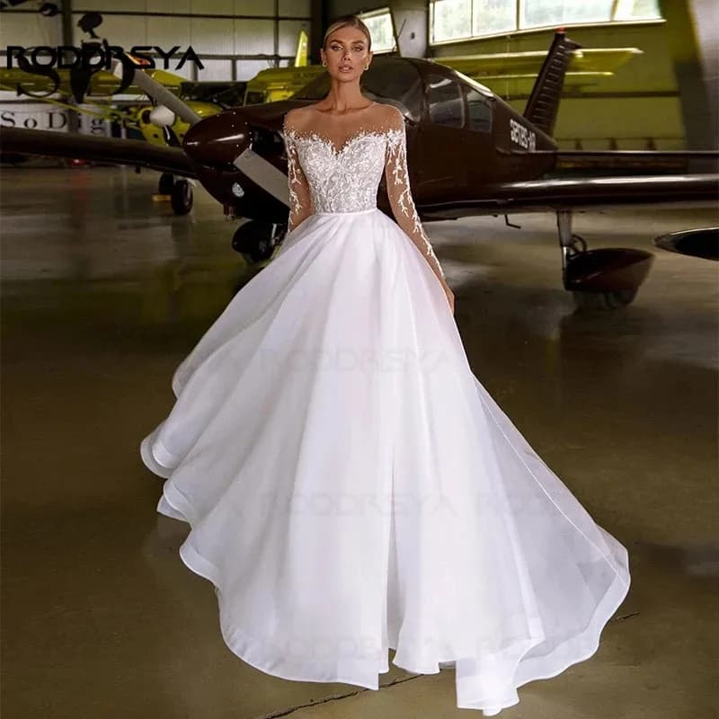 Robes de mariée en organza pour femmes, appliques en dentelle, perles, col rond, manches longues, ro