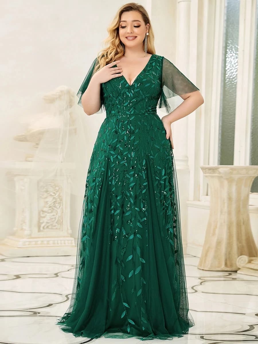 Robes de soirée grande taille, longues, coupe trapèze, col en V profond, demi-manches, longueur au s