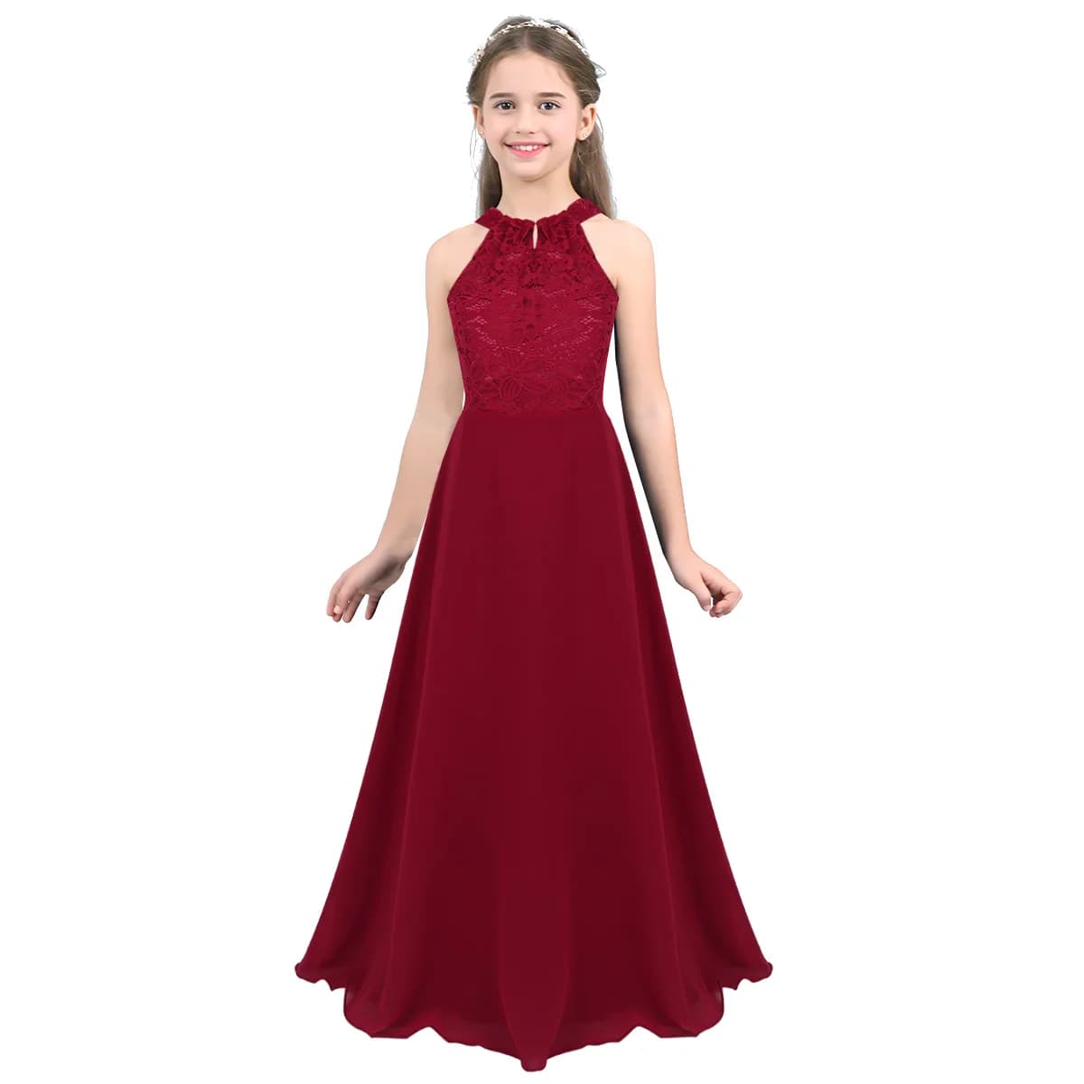 Robe longue en dentelle florale pour filles, robe de princesse élégante, col licou, fête d'anniversa