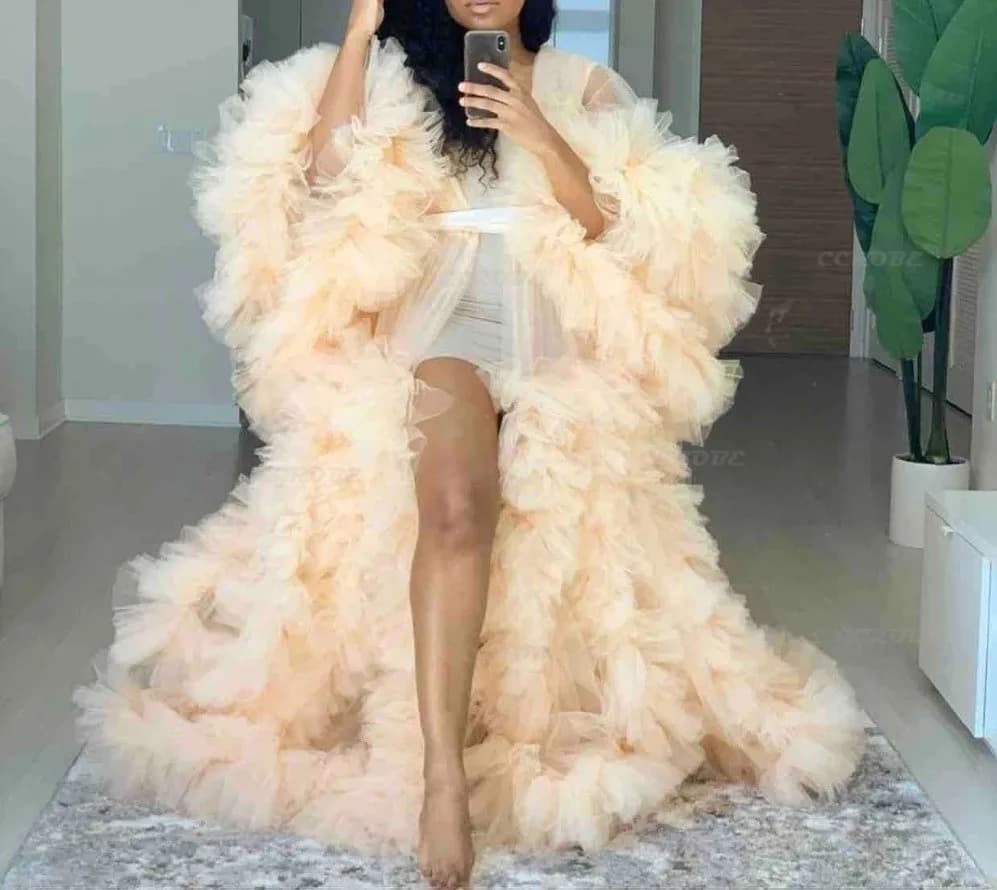 Robe de chambre longue en Tulle transparent pour femmes, Robe bouffante de grossesse, de maternité, 