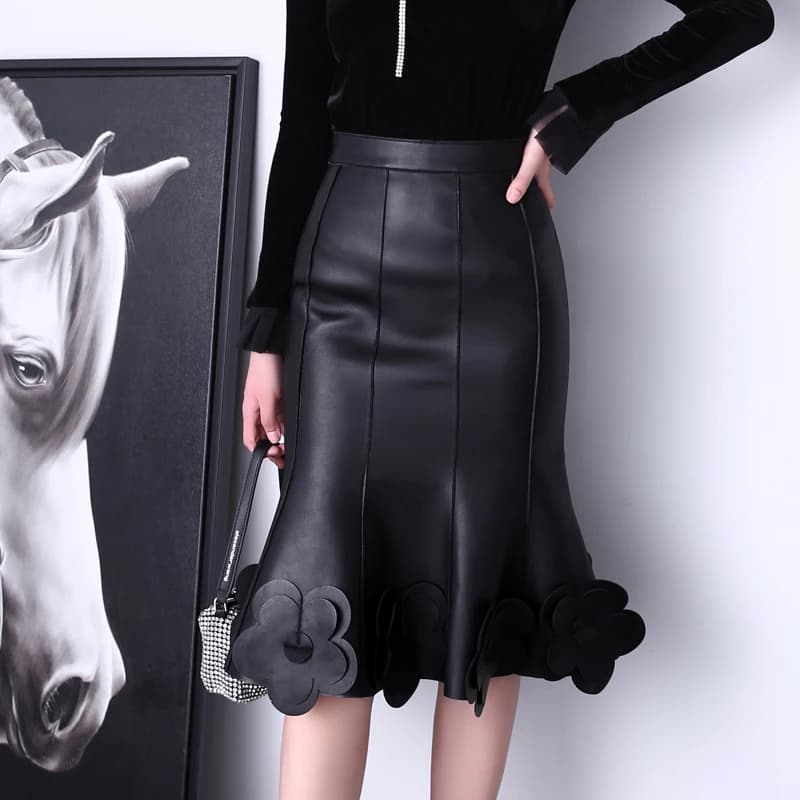 Femmes en cuir véritable Jupe Femme élégant taille haute 3D fleurs noir blanc couleur contraste queu