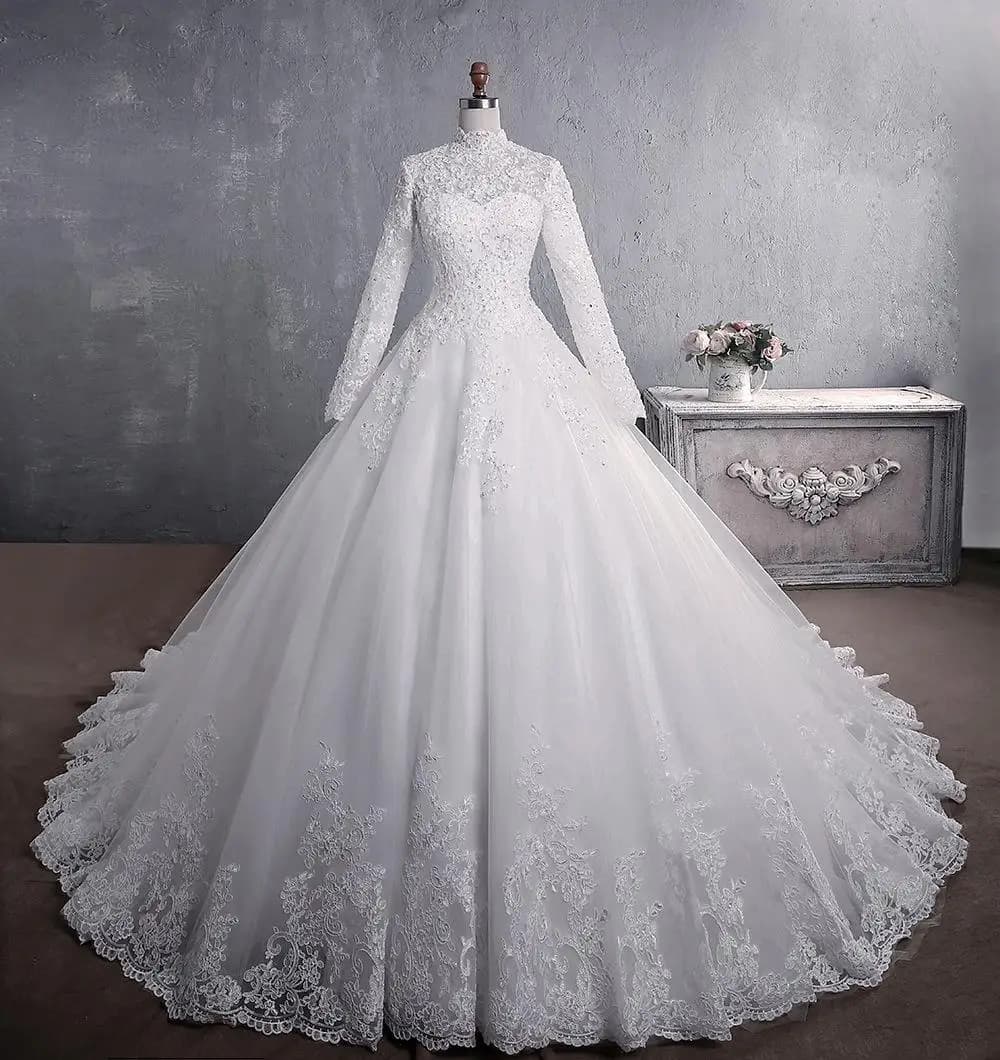Robe De mariée musulmane élégante, col haut avec traîne, robe De mariée princesse De luxe en dentell