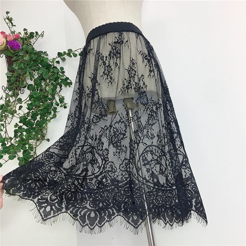 Mini jupe en maille de dentelle transparente pour femmes, taille haute élastique, jupes en tulle noi