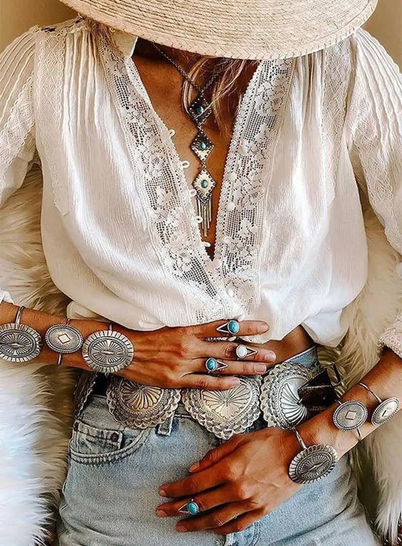 AYUALIN manches longues blanc dentelle florale col en v Blouses coton chemise décontracté automne bl