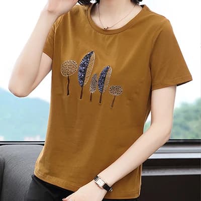 T-Shirt à paillettes Femme 2025 haut d'été broderie coton T-Shirt femmes décontracté Femme vêtements