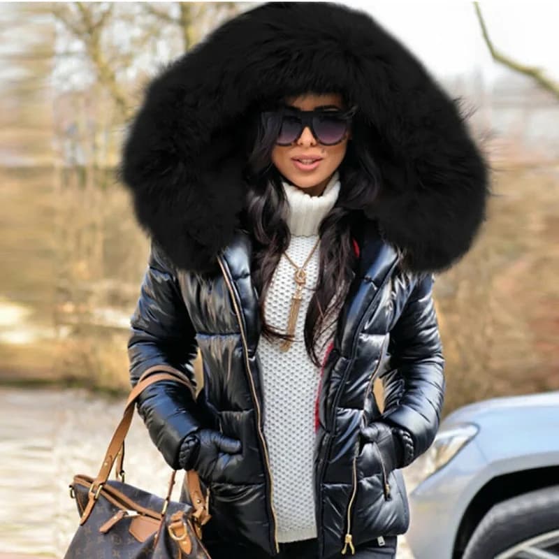 Veste Parka à capuche avec col en fourrure épaisse pour femme, manteau court décontracté avec fermet