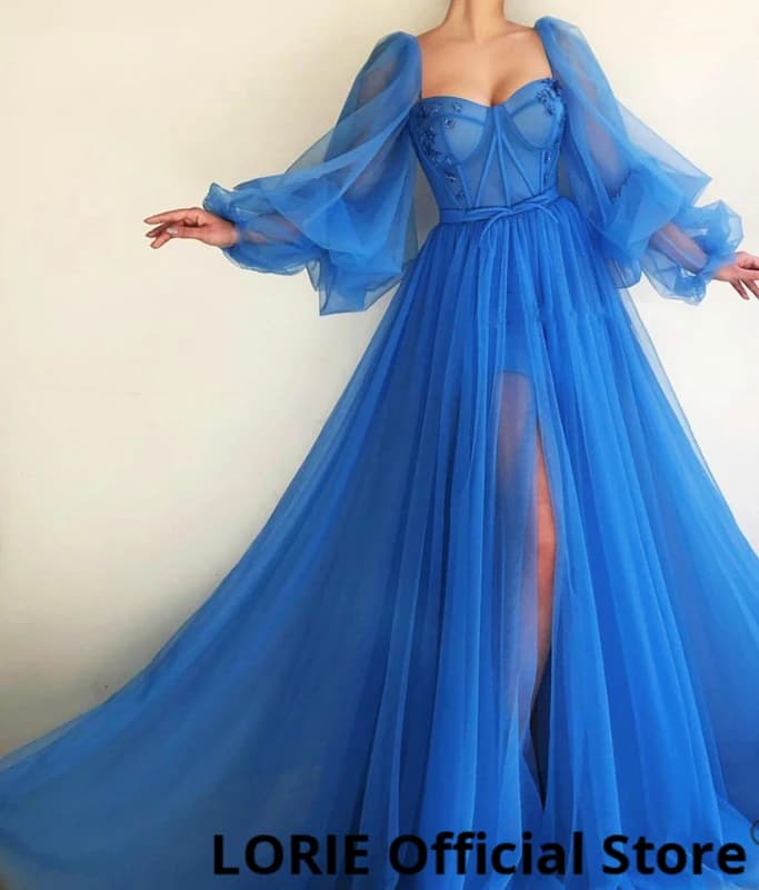 LORIE-Robe de Soirée Longue et Luxueuse Bleue, Tenue de Bal Personnalisée, Manches Bouffantes, Dos a