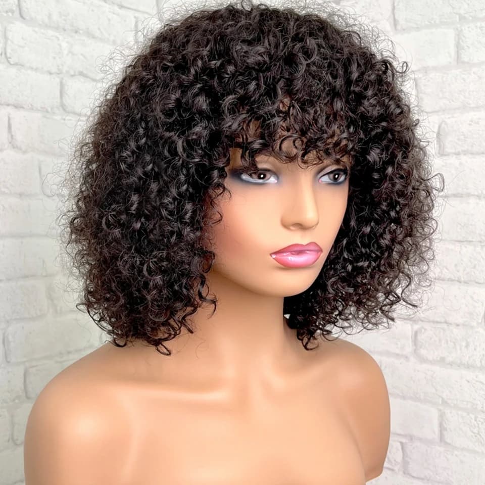 Perruques Courtes Bouclées Châtain Chocolat en Cheveux Humains avec Frange, Coupe Pixie pour Femmes,