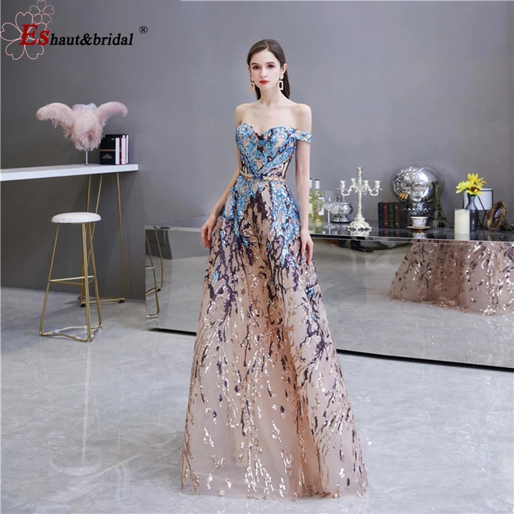 Robe de soirée élégante musulmane à sequins pour femme 2026, col rond, manches longues, coupe trapèz