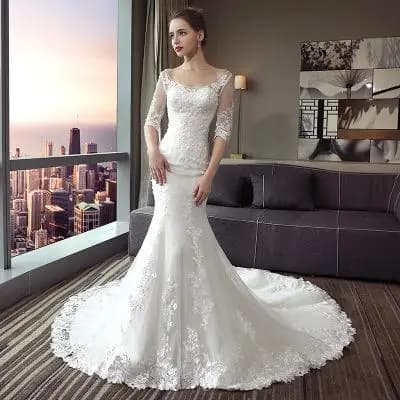 Robe de mariée sirène à lacets pour les patients, demi-manches, col rond, train de cour, trompent, r