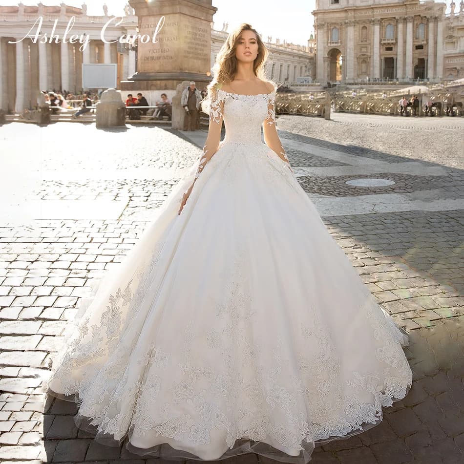 Ashley Carol – robe de mariée princesse en Satin, manches longues, Vintage, gracieuse, col bateau, r