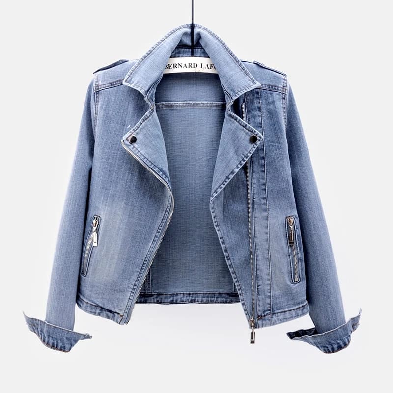 Veste courte en jean à manches longues pour femme, manteau de moto, fermeture éclair, vintage, mince