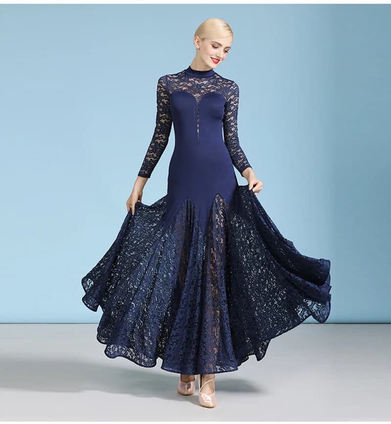 Robe de danse de salon à manches longues pour femmes, jupe de valse moderne, dentelle à col haut, ro