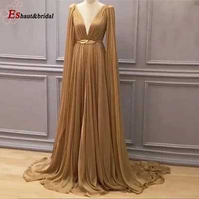 Robe de Soirée Élégante en Mousseline pour Femme 2026, Manches Longues Cape, Coupe A-line, Col Rond 