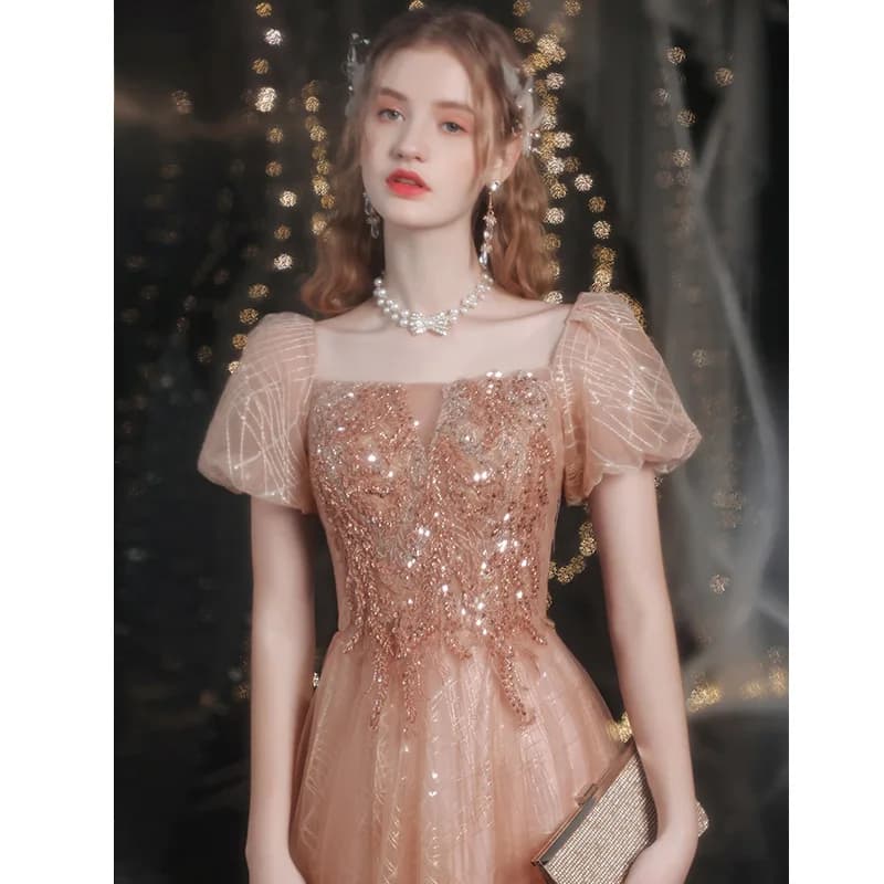 Robe de Soirée Dorée à Manches Bouffantes pour Femme, Tenue Formelle de Banquet, Personnalisée, Nouv