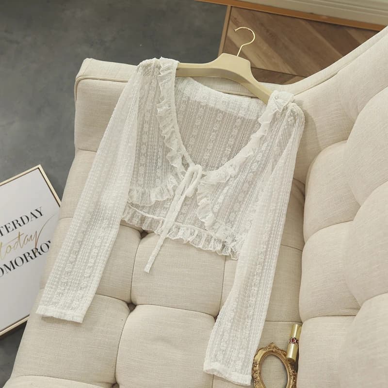 Blouson haussement d'épaules en dentelle pour femme, manches longues, blanc abricot, pas cher, soiré