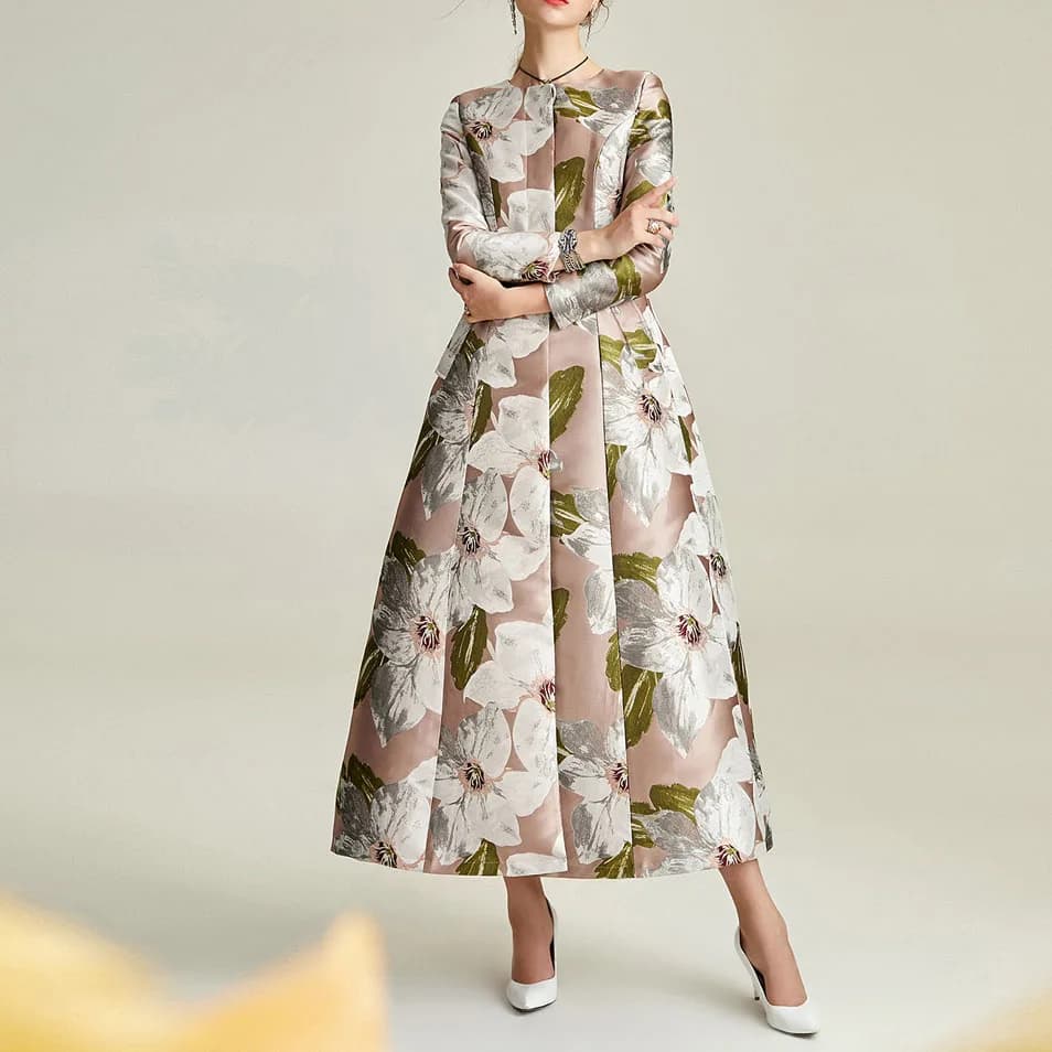 Manteau long en brocart sur mesure pour mère de la mariée, grande fleur rose, jacquard, tissage de t