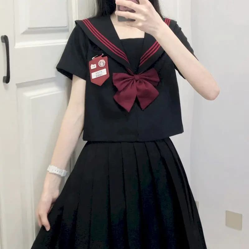 Uniforme de base JK pour femmes, jupe noire rouge, costume trois marins japonais à manches longues, 