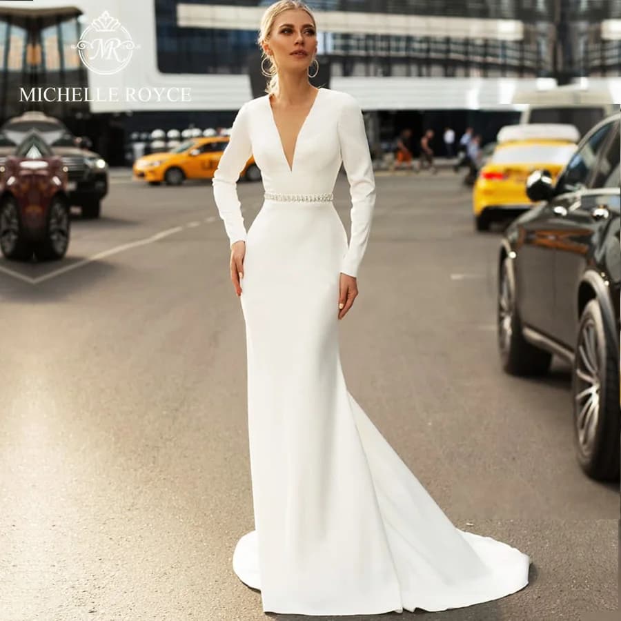 Michelle Royce manches longues sirène Satin robes De mariée Sexy col en v dos nu perlé Court Train r