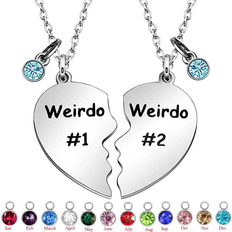 Cadeaux d'amitié, Weirdo 1 & Weirdo 2 deux fendus avec des breloques en pierre de naissance, collier