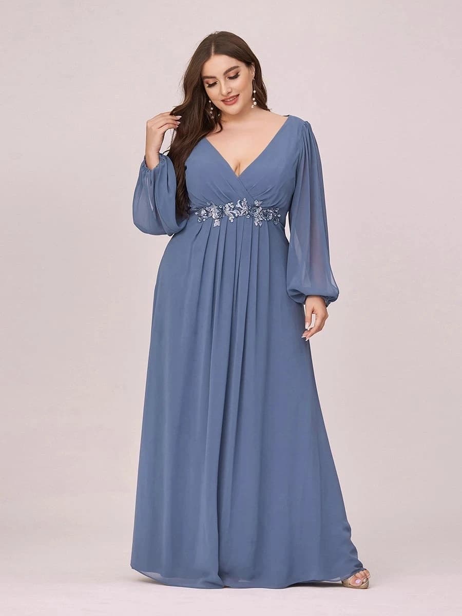 Robes de soirée grande taille, col en V, manches longues, coupe trapèze, longueur au sol, Ever Prett