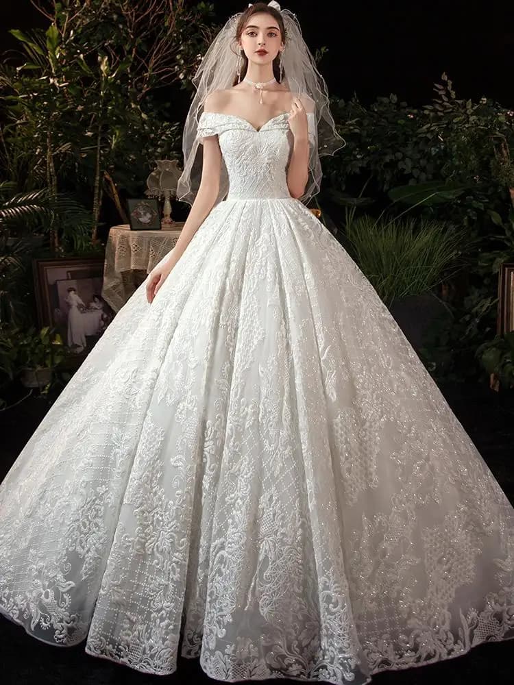 Robes de mariée longues en dentelle blanche scintillante, robes de mariée de luxe, train royal à pai