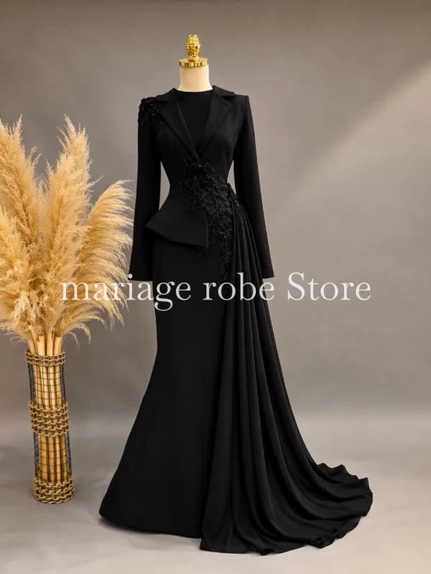 Robe de soirée formelle noire à manches longues, ornée de fleurs 3D et de perles, style caftan, pour
